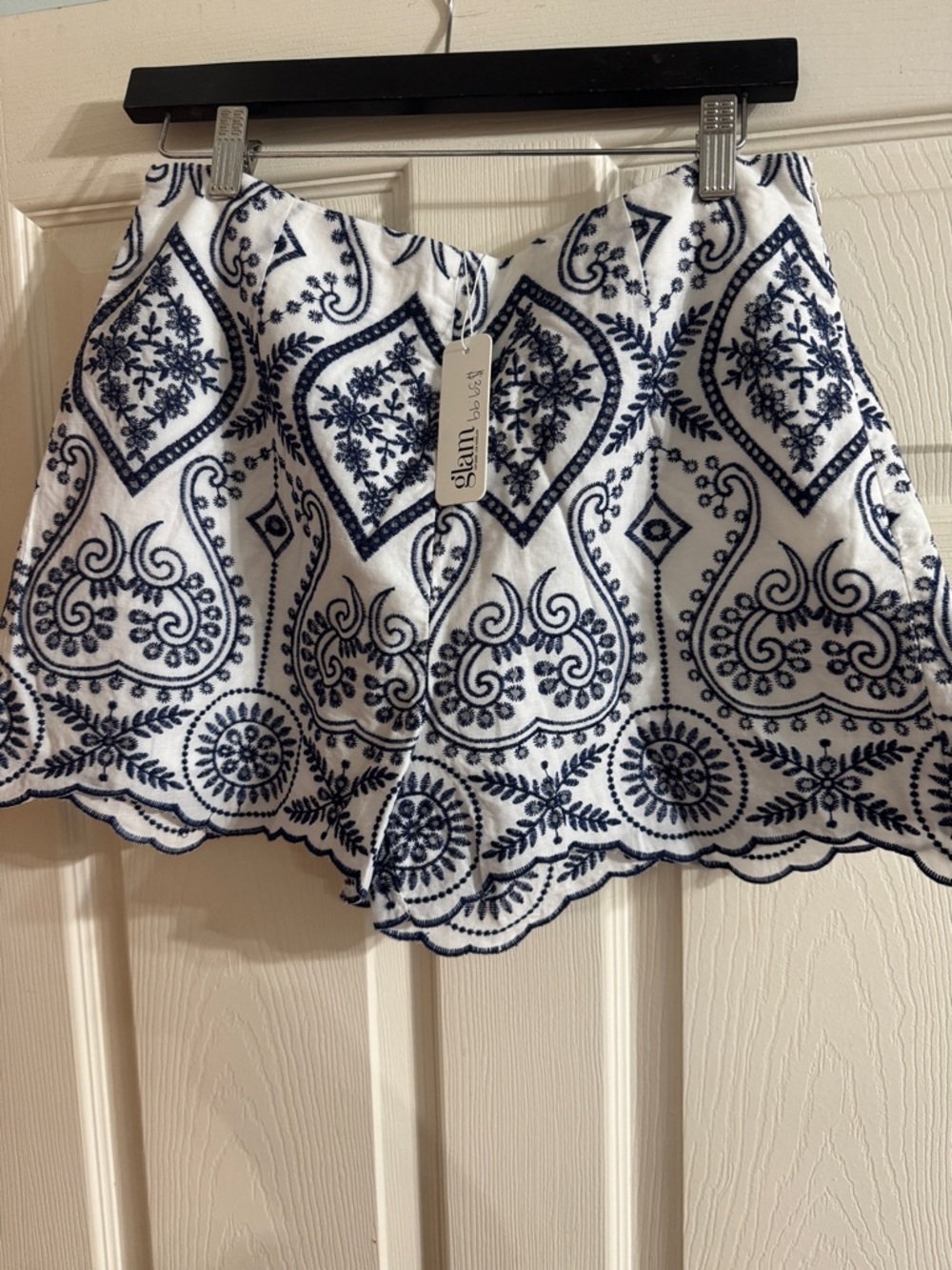 glam White Shorts with Navy Blue Embroidered Paisley